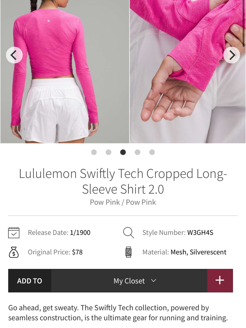 lululemon Swiftly Tech 2.0  Cropped Long-Sleeve Shirt - Pow Pink/SonicPink*